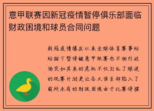 意甲联赛因新冠疫情暂停俱乐部面临财政困境和球员合同问题